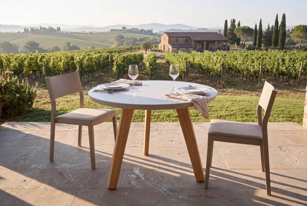 Jumbo Dining Table 36” Round – Ceramic setting