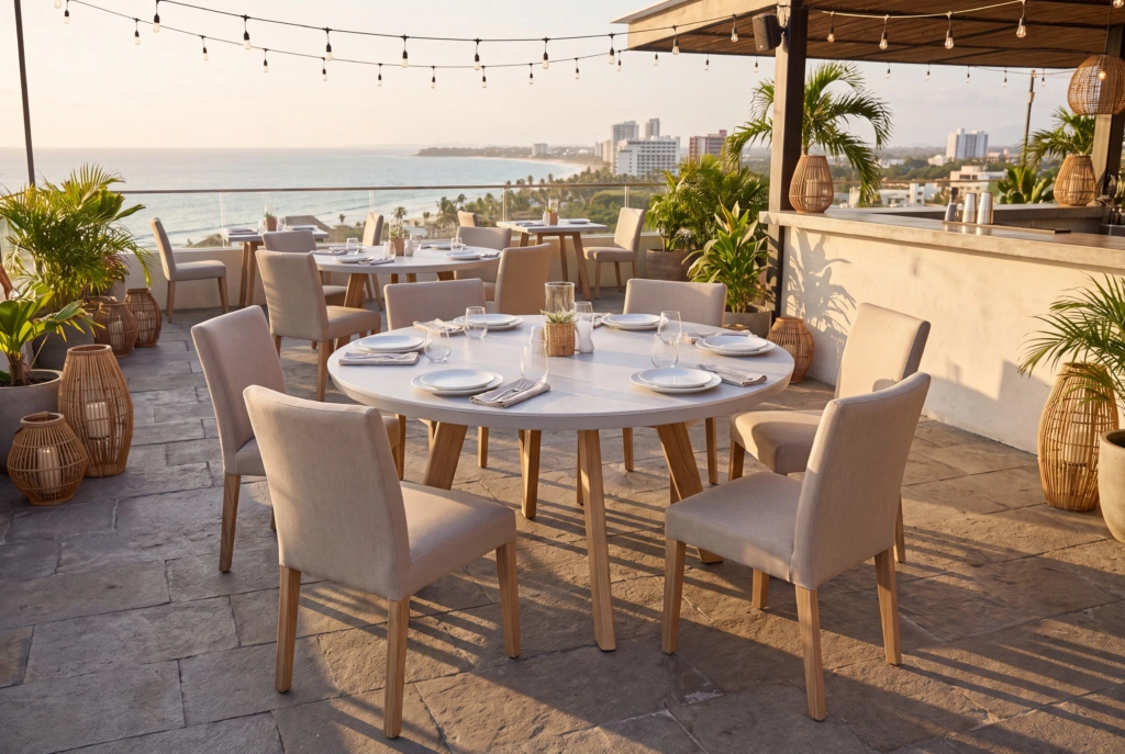 Jumbo Dining Table 36” Round – Ceramic setting