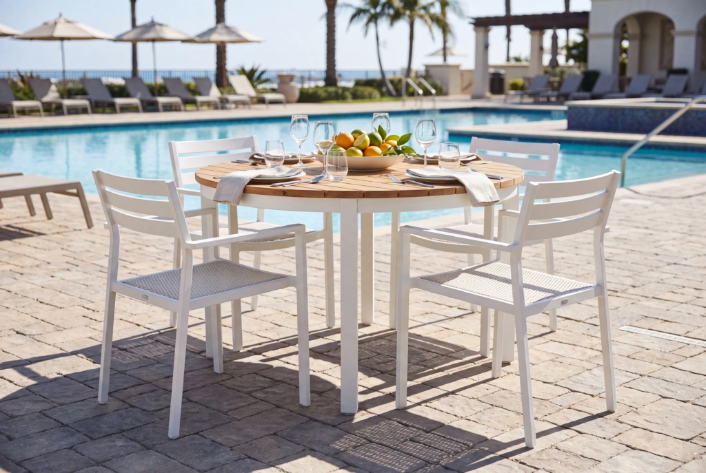 Jumbo Dining Table 36” Round – Teak setting