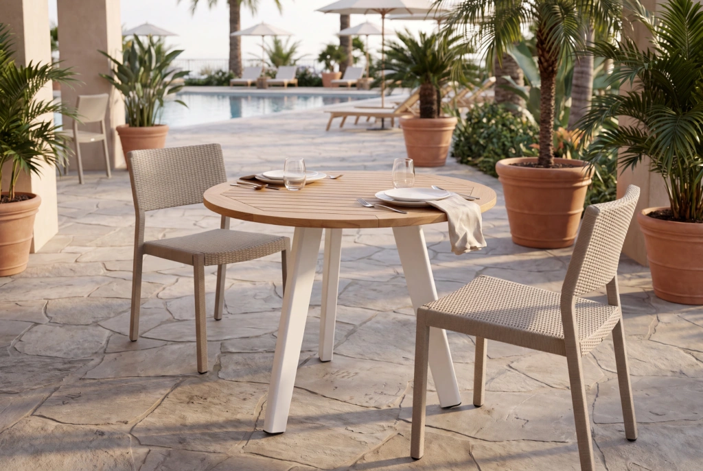 Jumbo Dining Table 36” Round – Teak setting