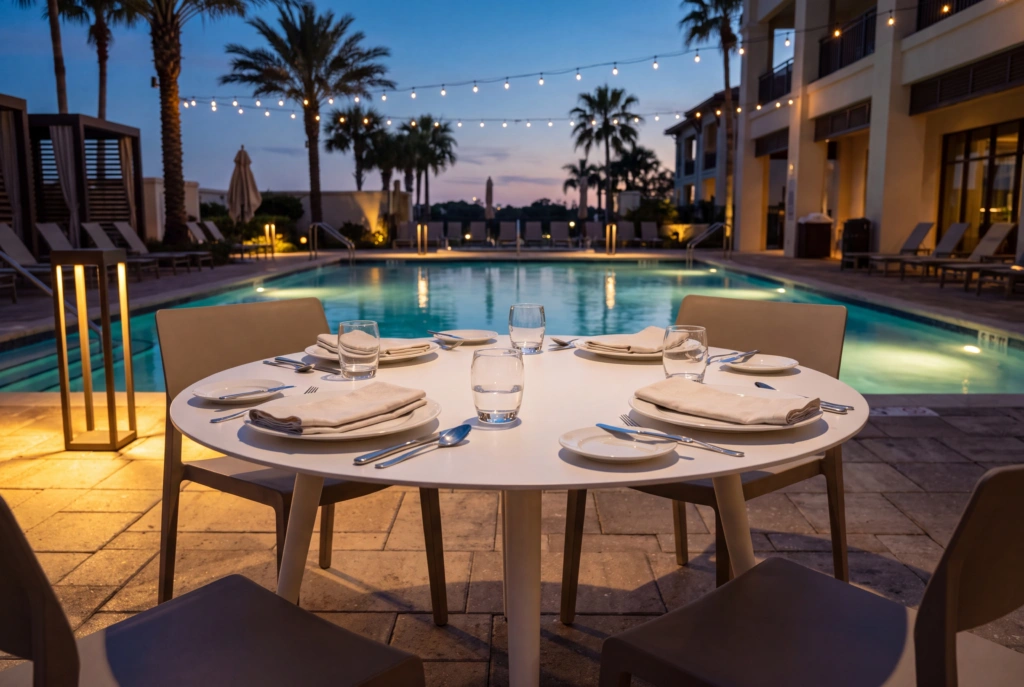 Monaco Dining Table Alum 36 Round setting