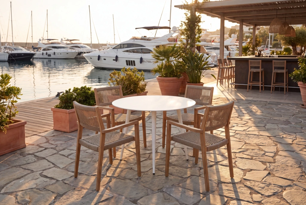 Monaco Dining Table Alum 36 Round setting