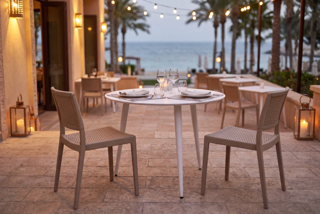 Monaco Dining Table Alum 36 Round setting