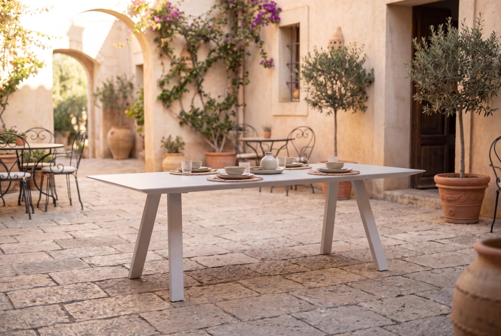 Monaco Dining Table Rectangle V-Base With Aluminum Top setting