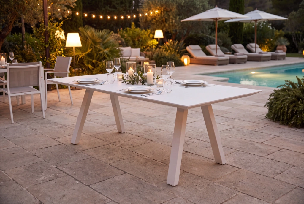 Monaco Dining Table Rectangle V-Base With Aluminum Top setting