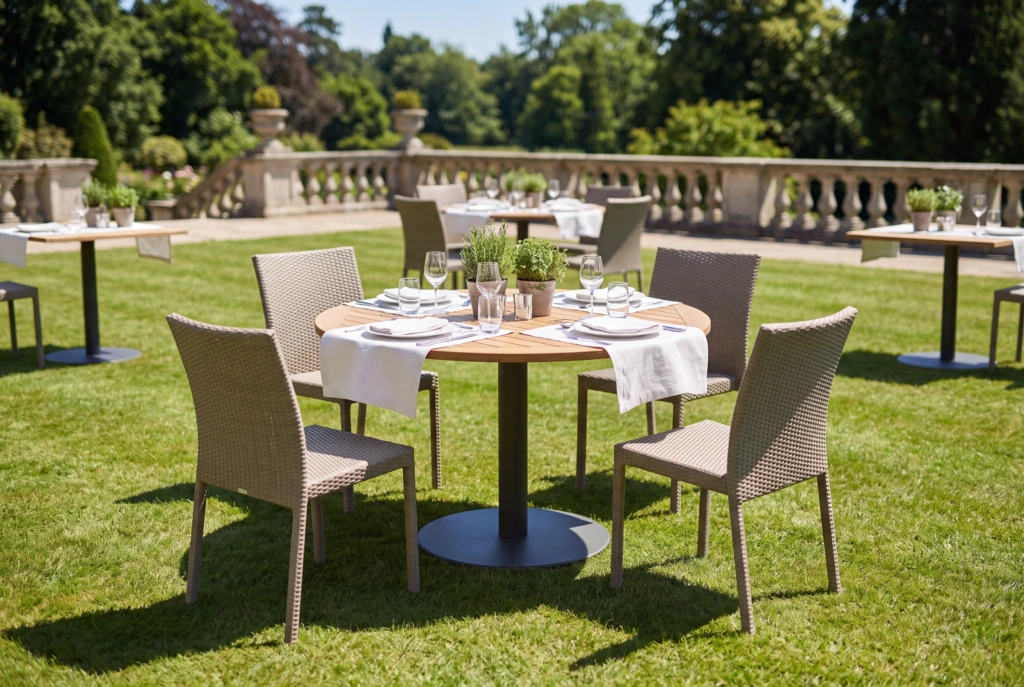 Bergen 28” Round Dining Table – Teak setting