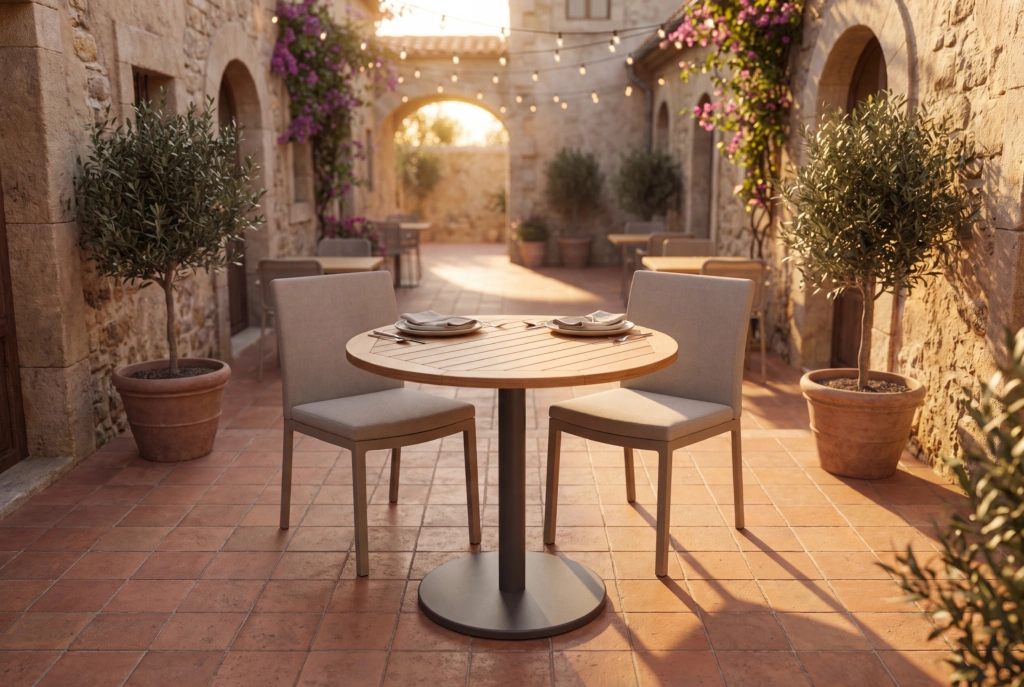 Bergen 28” Round Dining Table – Teak setting