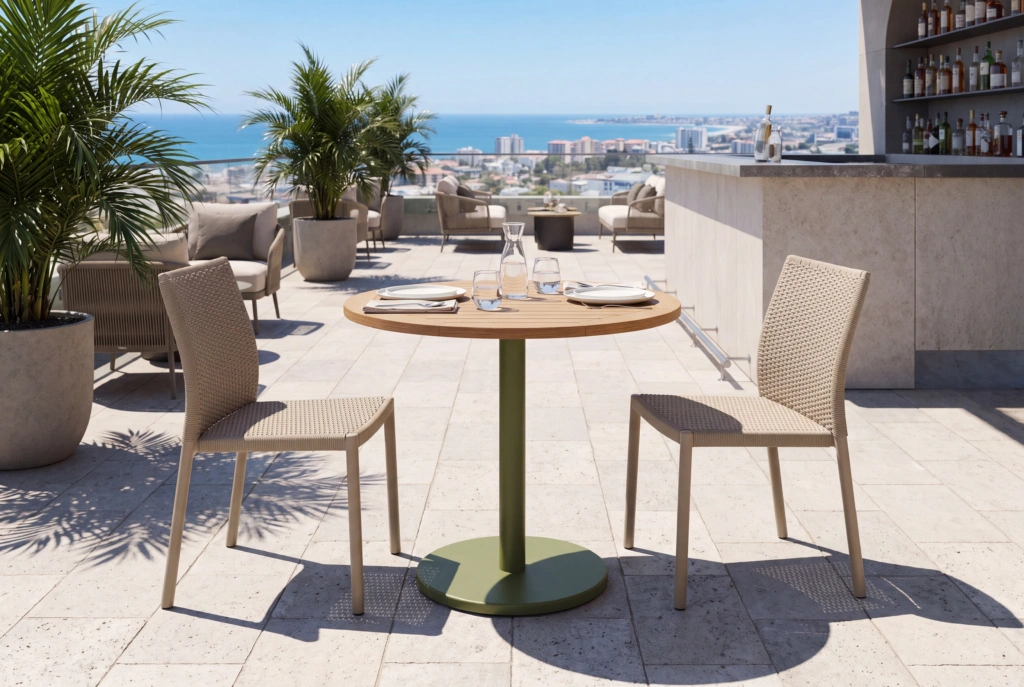 Bergen 28” Round Dining Table – Teak setting