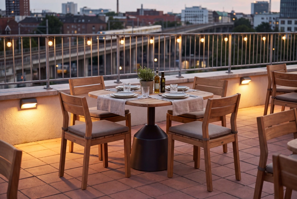 Balance Dining Table with Eased Edges – Teak setting