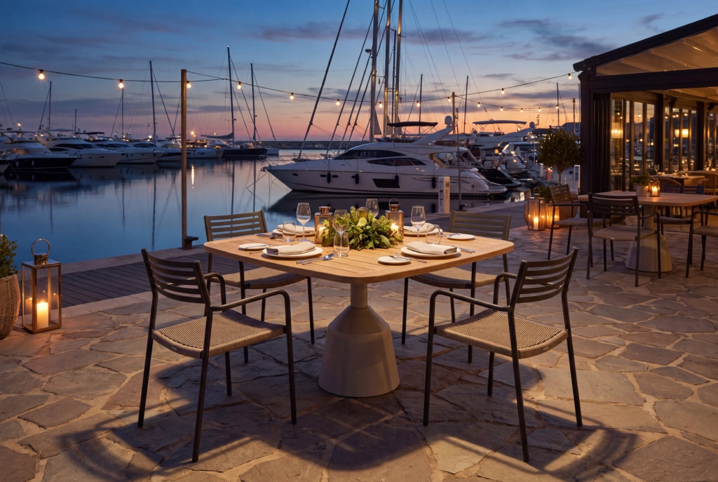 Balance Dining Table with Eased Edges – Teak setting