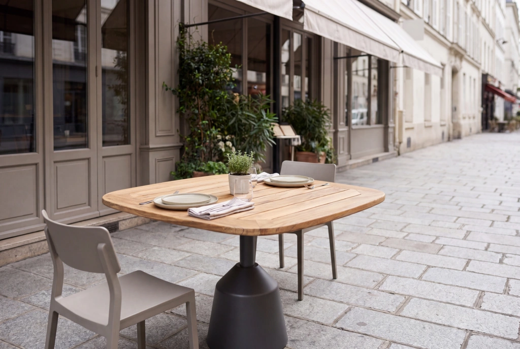 Balance Dining Table with Eased Edges – Teak setting