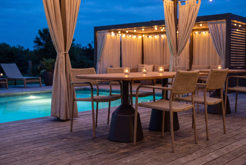 Balance Dining Table with Eased Edges – Teak setting
