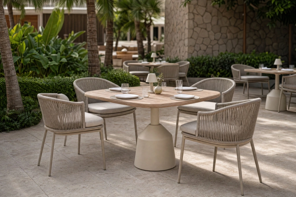 Balance Dining Table with Eased Edges – Teak setting
