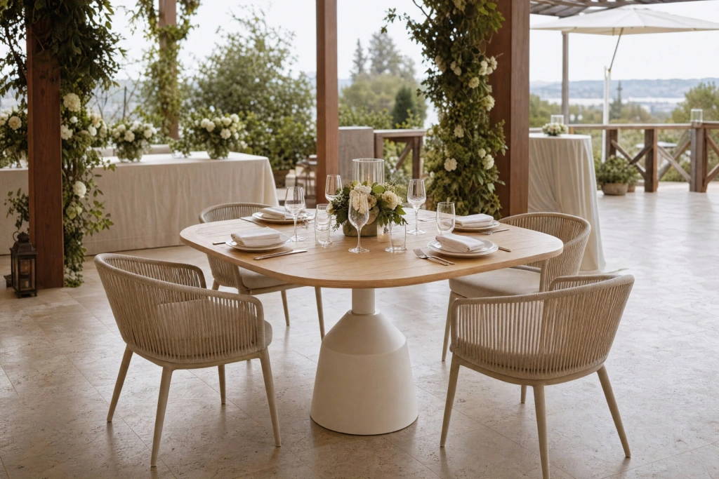 Balance Dining Table with Eased Edges – Teak setting