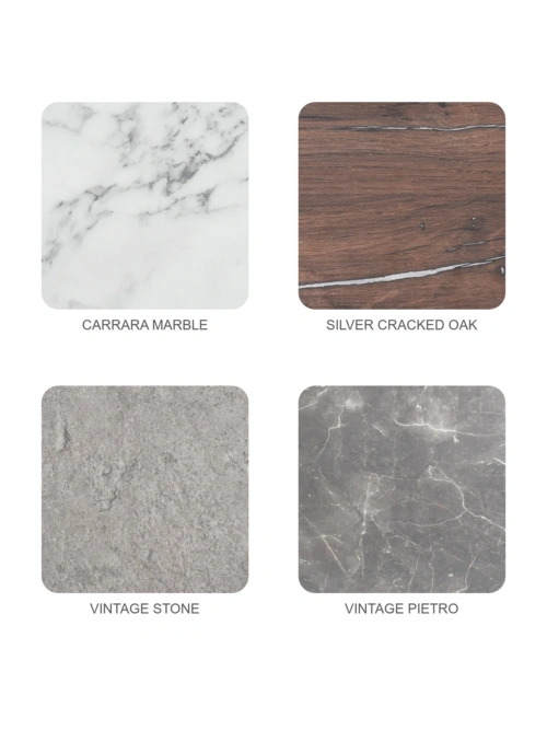 Venice Tops finishes: Carrara Marble, Silver Cracked Oak, Vintage Stone, Vintage Pietro