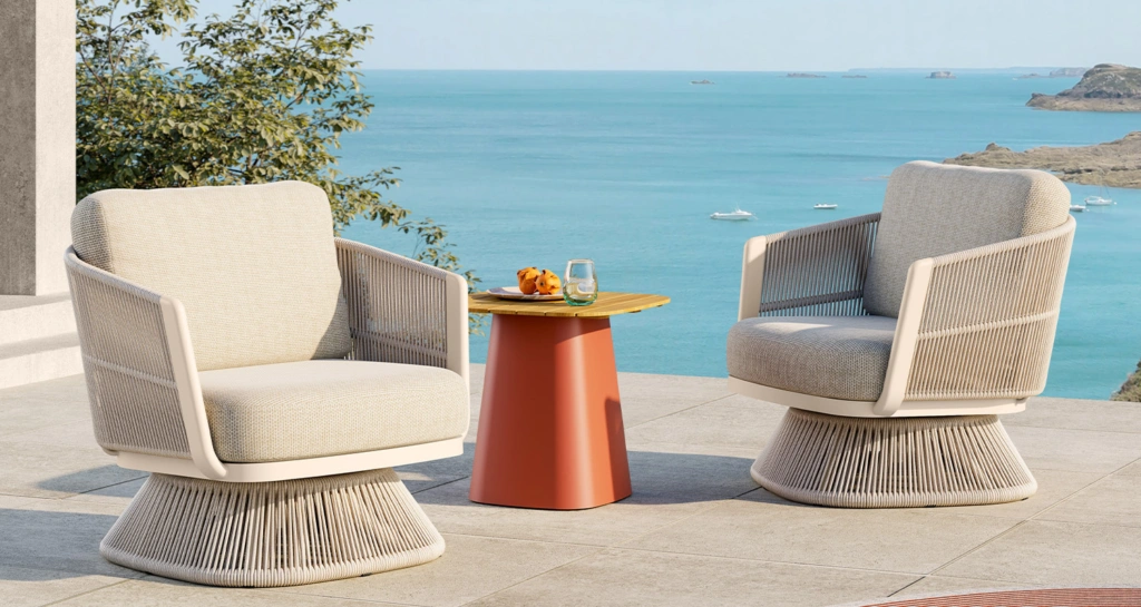 Marrakech Swivel Lounge chairs on a seaside patio