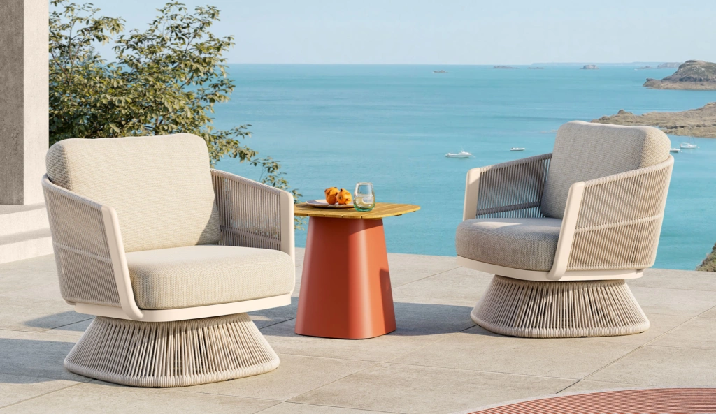 Marrakech Swivel Lounge in terracotta on an outdoor terrace