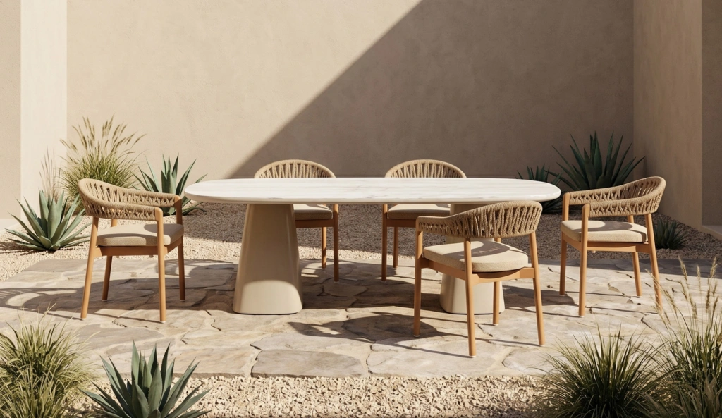 Zulu A Armchairs in gold around an outdoor dining table on a stone terrace
