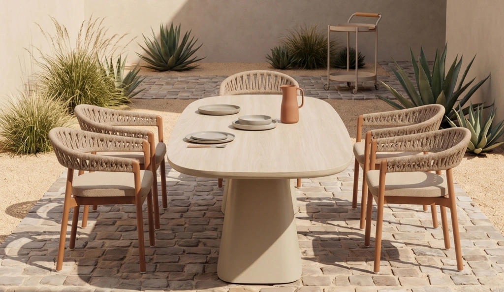 Zulu A Armchairs in gold around a dining table in a cobbled courtyard