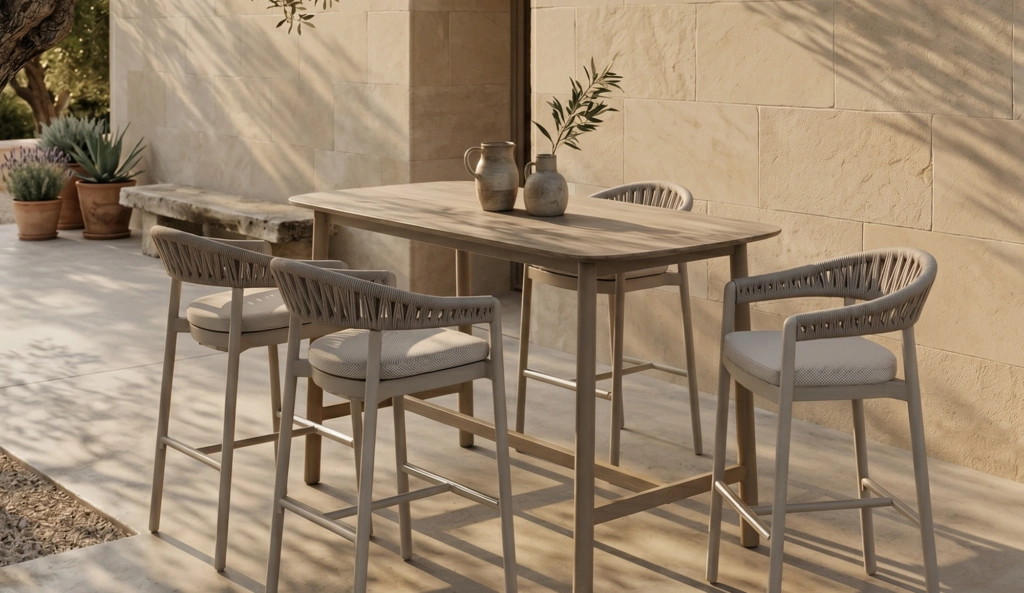 Zulu B Barstools at a bar-height table against a limestone wall