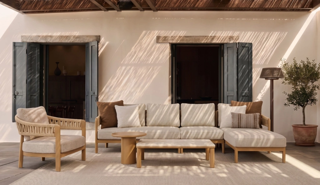 Zulu lounge armchair with the Zulu sofa and chaise modules on a shaded terrace