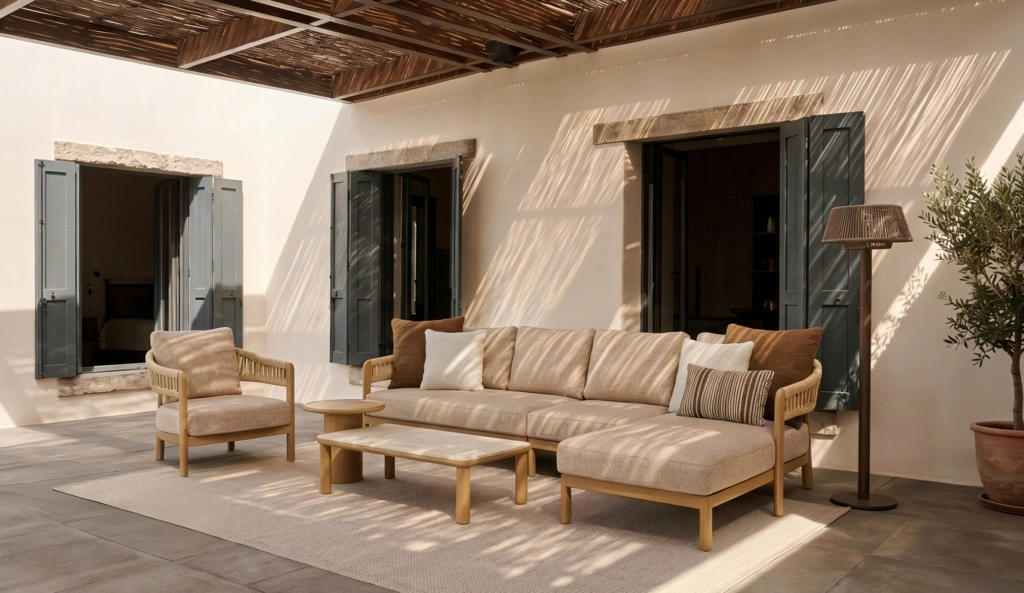 Zulu lounge armchair and modular sofa group with coffee tables under a pergola
