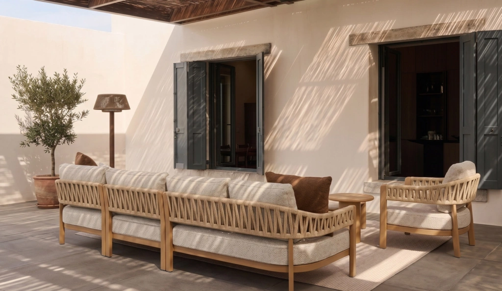 Zulu sofa and lounge armchair seen from behind, rope backs in the afternoon sun