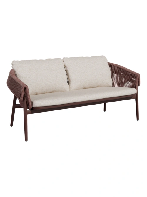 Cabo 2-Seat Sofa - burgundy frame and twisted rope with oatmeal seat and back cushions, front three-quarter view