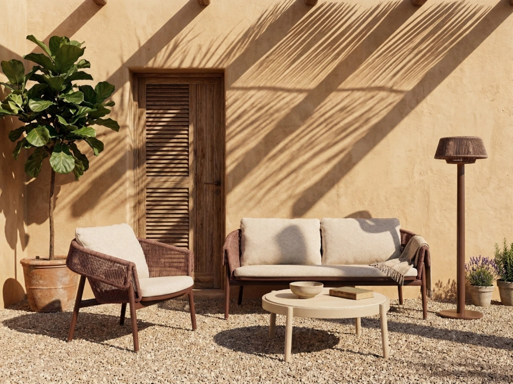 Cabo 2-seat sofa and lounge armchair with a round coffee table on a gravel terrace against a sunlit ochre wall