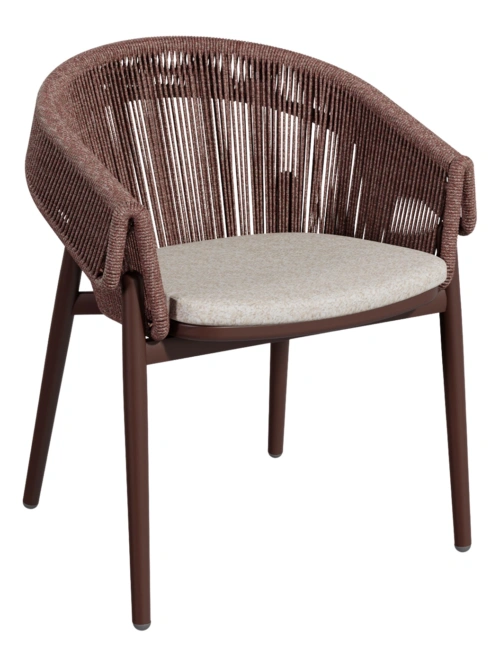 Cabo A Dining Armchair - burgundy frame and twisted rope with oatmeal seat cushion, front three-quarter view