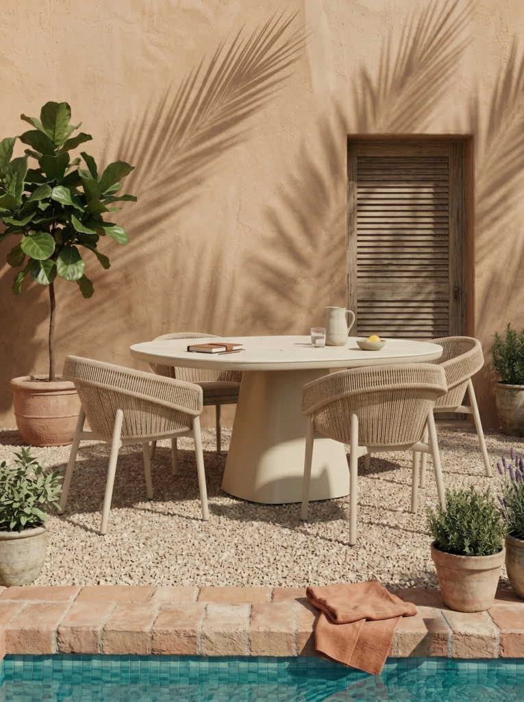 Four Cabo A dining armchairs in a sand finish around a round pedestal table beside a pool