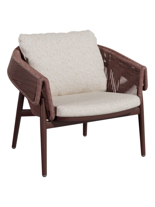 Cabo Lounge Armchair - burgundy frame and twisted rope with oatmeal seat and back cushions, front three-quarter view