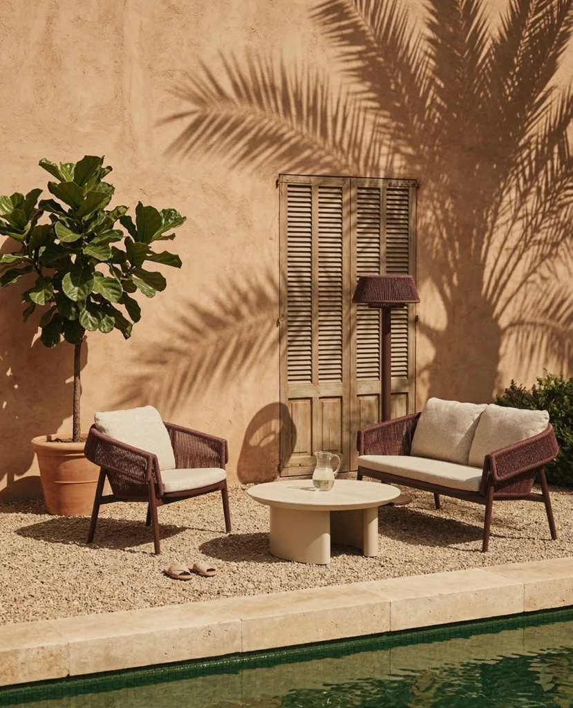 Cabo lounge armchair and 2-seat sofa around a round coffee table beside a pool under palm shadows