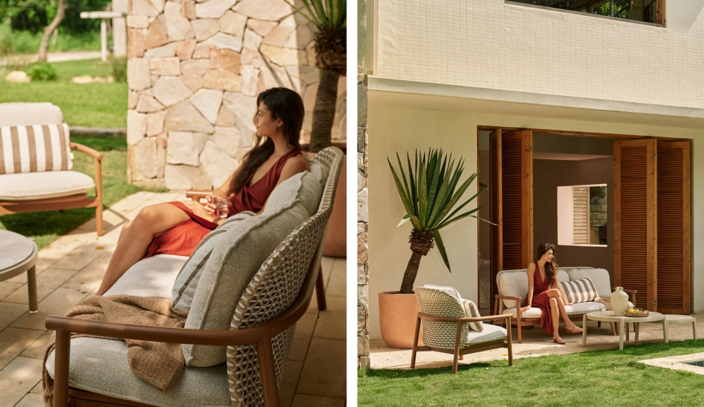Lille 3-seat sofa in synthetic rattan weave with the lounge armchair and ceramic coffee tables