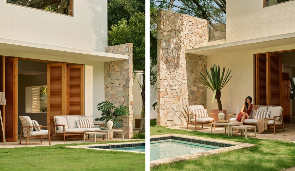 Lille lounge armchair, 3-seat sofa and ceramic coffee tables by a pool and on a stone terrace