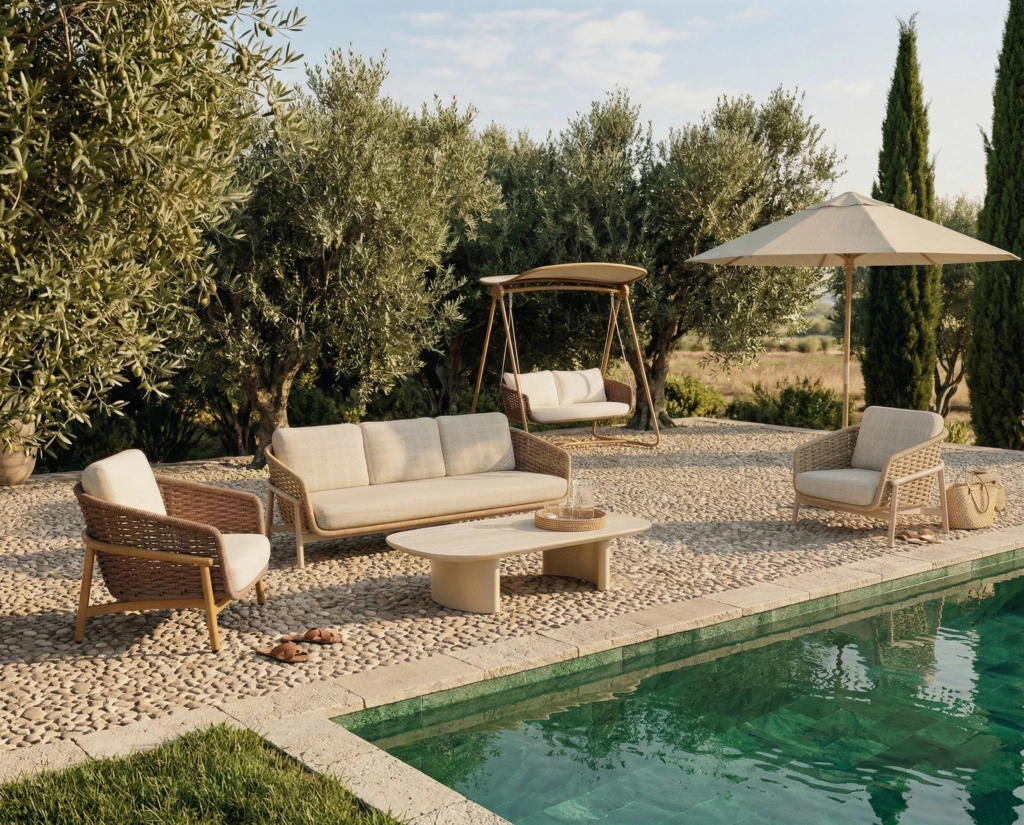 Tahiti 3-seat sofa, lounge armchair and double swing on a pebble terrace beside a pool under olive trees