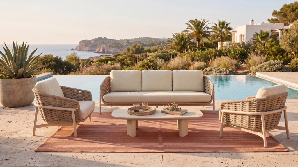 Tahiti 3-seat sofa with two lounge armchairs and coffee tables on a poolside terrace overlooking the sea