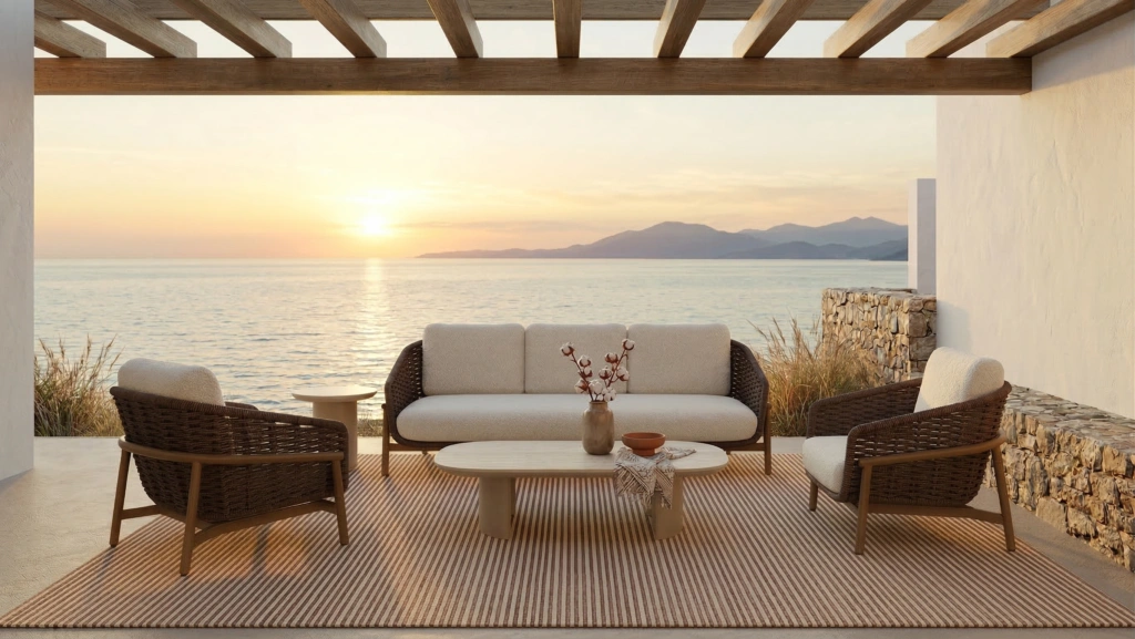 Tahiti lounge armchairs and 3-seat sofa under a pergola at sunset by the sea