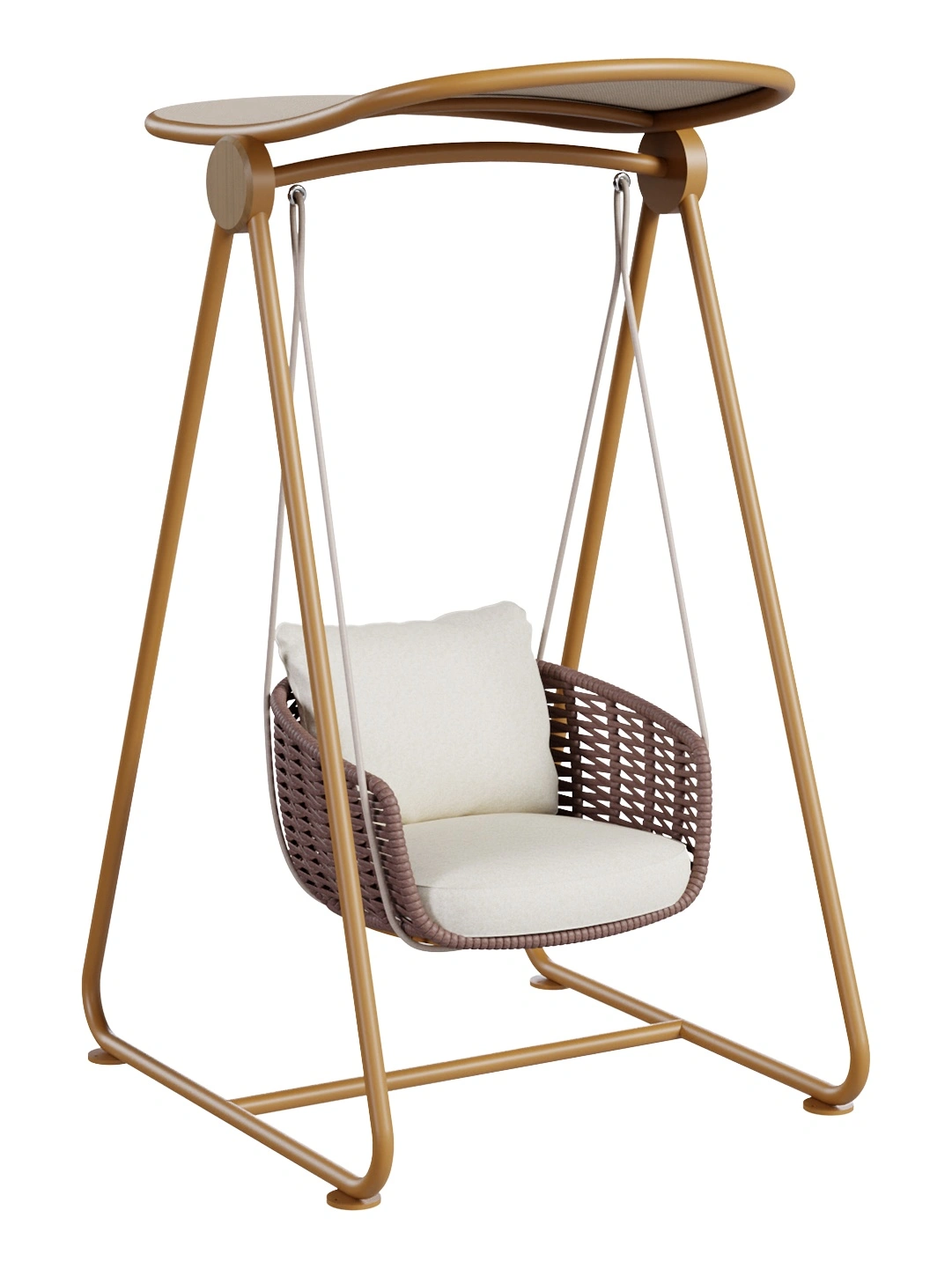 Tahiti Single Swing Tahiti Single Swing - gold frame with brown rope and shade canopy, front view
