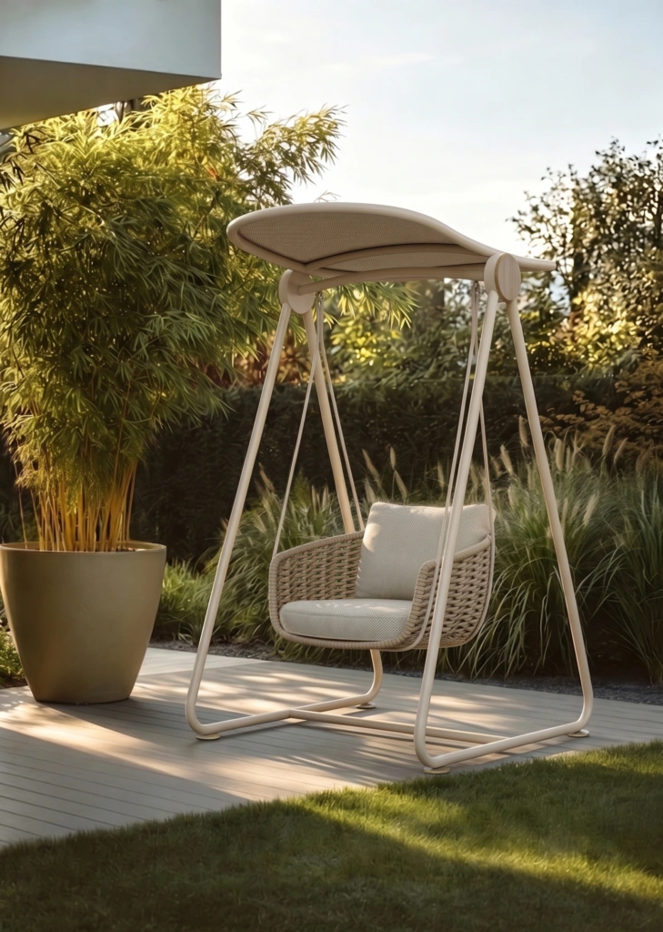 Tahiti Single Swing on a wooden deck beside a bamboo planter